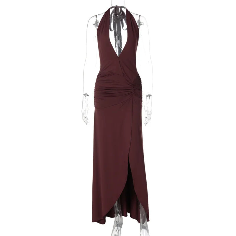 שמלת מקסי בעיצוב קשירה בצוואר ומחשוף V עמוק בעיטור שסע וכיווצים - צ'ינה