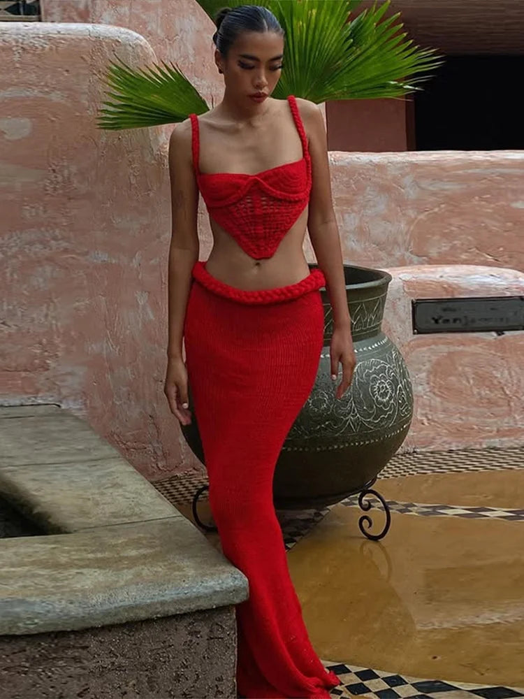 סט חוף סרוג שני חלקים טופ וחצאית מקסי - Aqua