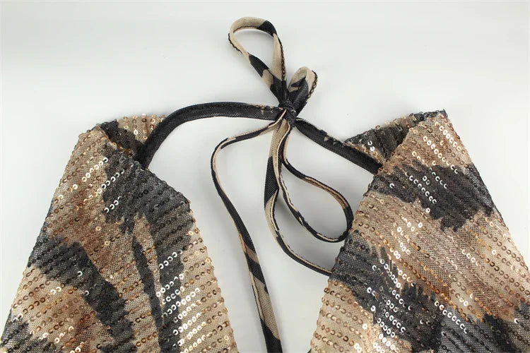 שמלת מקסי פייטים מנומרת צווארון נופל גב פתוח - Magnolia