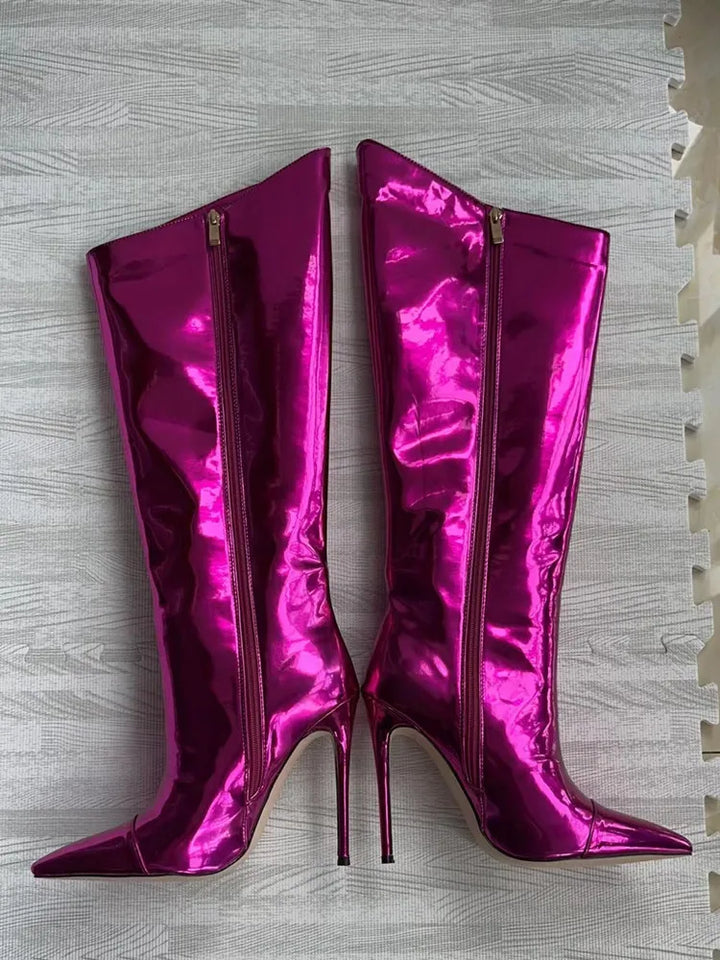 High-heeled pointed-toe boots in shiny leather design - Sloane