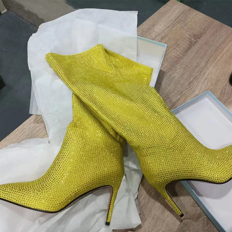 High-heeled pointed-toe boots with glittery rhinestones - Josie