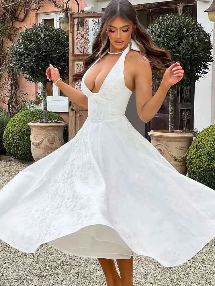 שמלת מידי בגזרת A קשירה בצוואר גב פתוח בעיטור רקמת איורי פרחים - פלורה