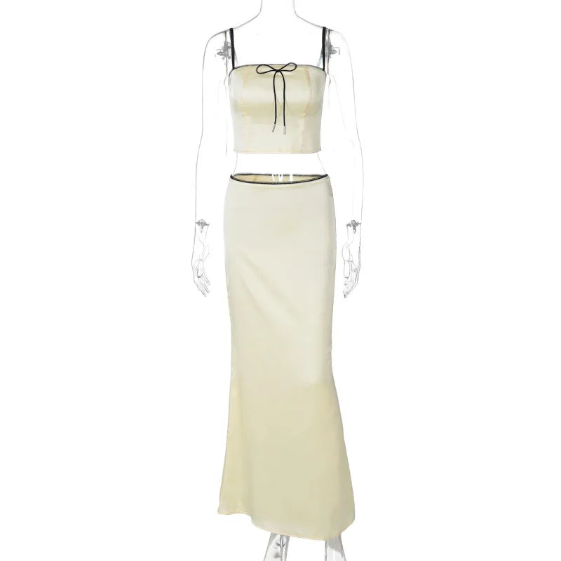 סט סאטן אלגנטי חצאית מקסי וטופ בעיטור פפיון ותחרה - ביאנקה