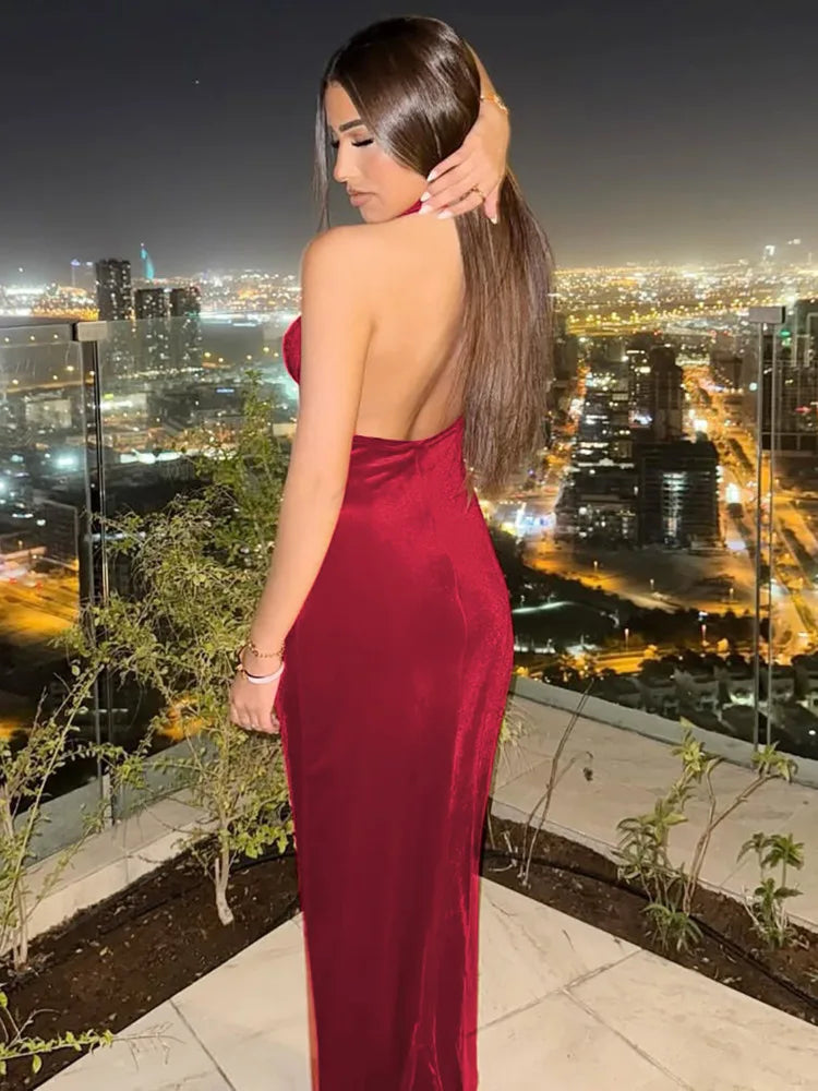 שמלת מקסי קטיפה צווארון נופל גב פתוח - מרלה