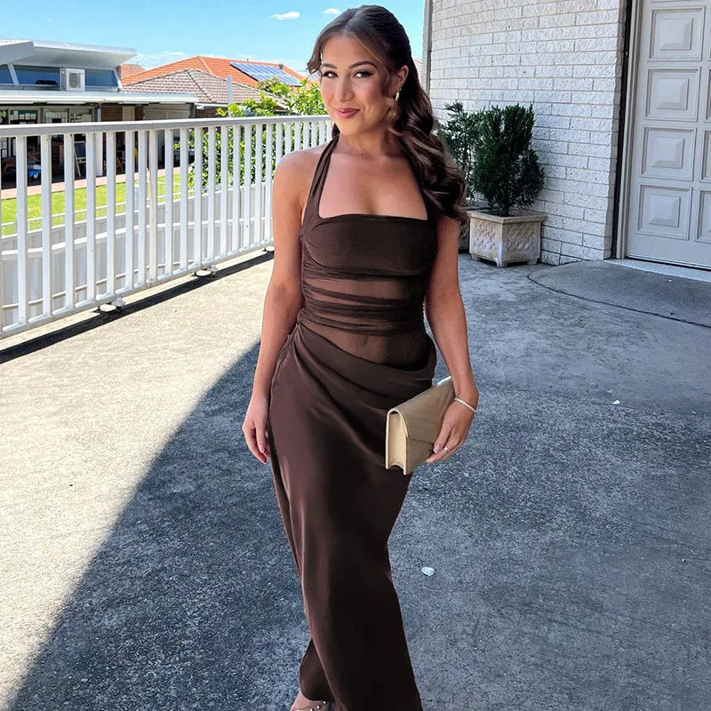 שמלת מקסי סאטן כיווצים בעיצוב רשת בחלק העליון גב פתוח - Arya