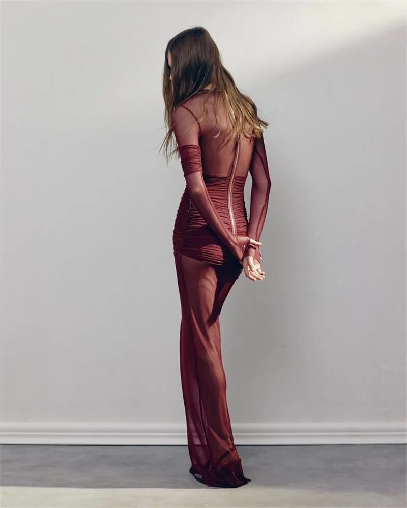 שמלת מקסי רשת בעיצוב כיווצים - גוון