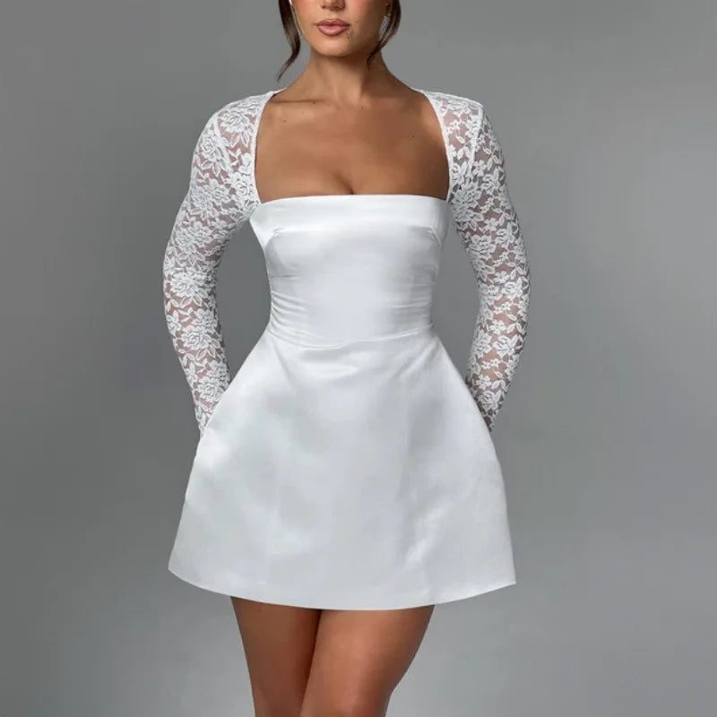 שמלת מיני סאטן שרוולי תחרה - פאר