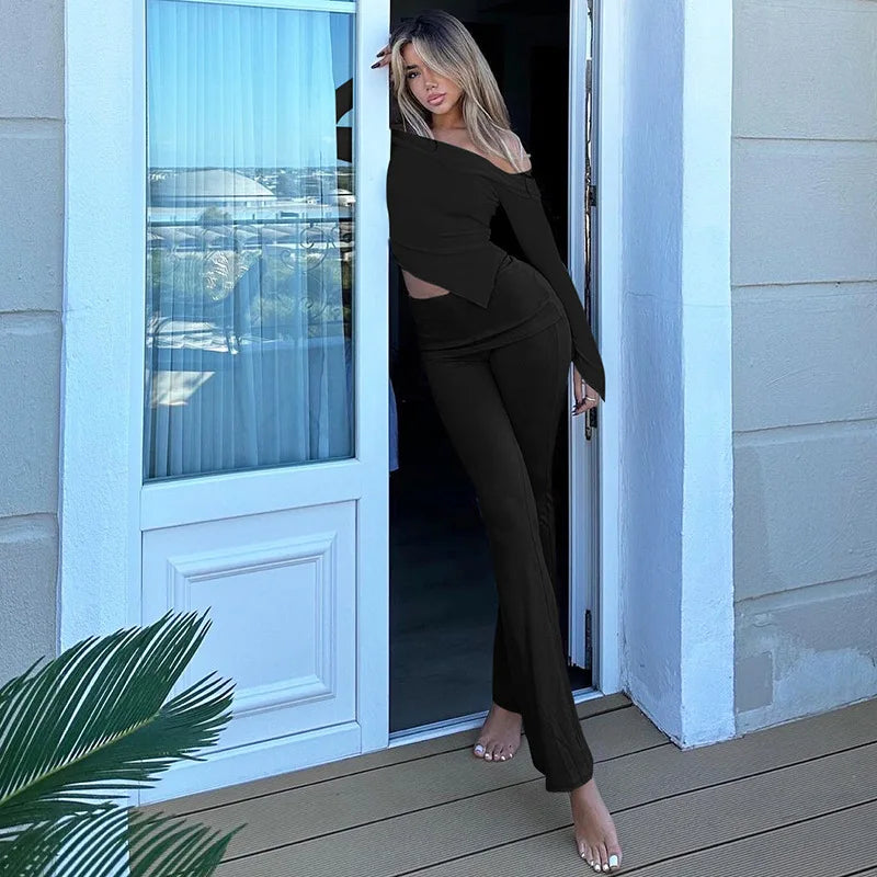 חליפת שני חלקים סרוגה חולצת כתפיים חשופות בגזרה אסימטרית ומכנסיים ארוכים - ROZIE