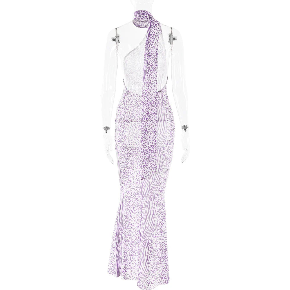 שמלת מקסי רשת מנומרת גב פתוח קשירה בצוואר - Jessica