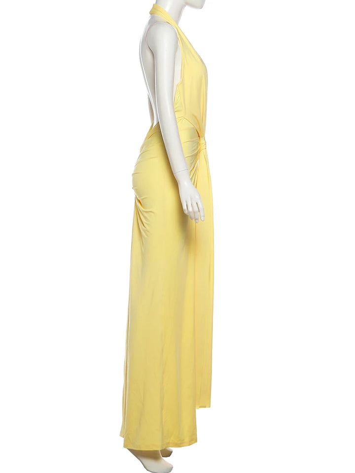 V-neck satin maxi dress with pleated design and open back - Shannon