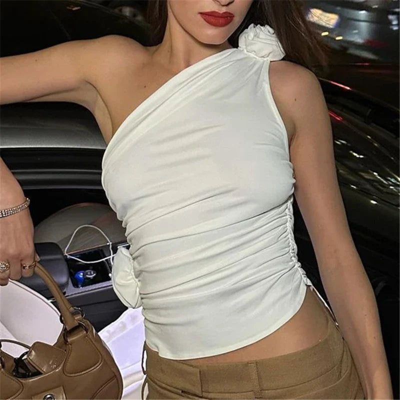 גופייה אסימטרית כתף אחת בעיטור פרחים - דון