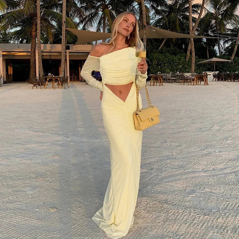 שמלת מקסי כיווצים בעיצוב פתח ושרוולי רשת כתפיים חשופות - אורה