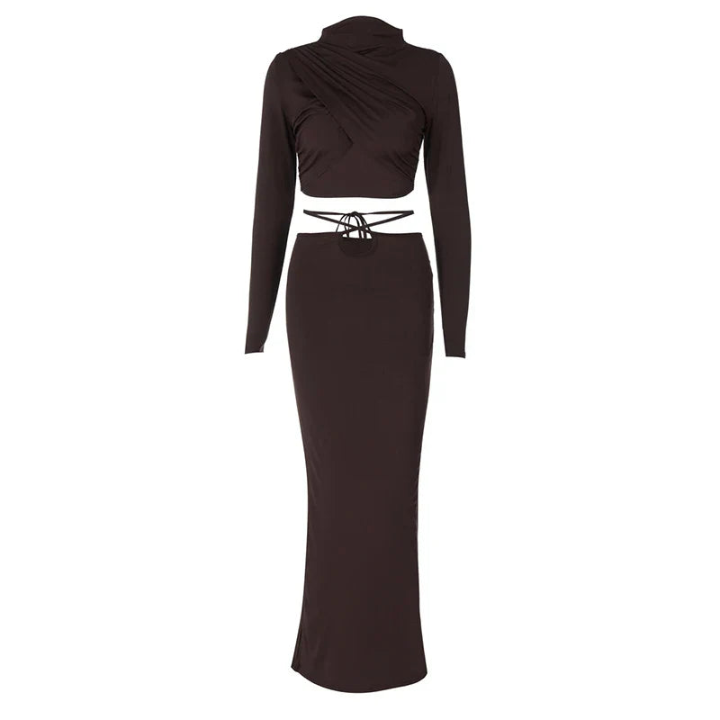 סט שני חלקים חולצת טופ בעיצוב קרוס גולף וחצאית מקסי בעיצוב קרוס בבטן - מורנה