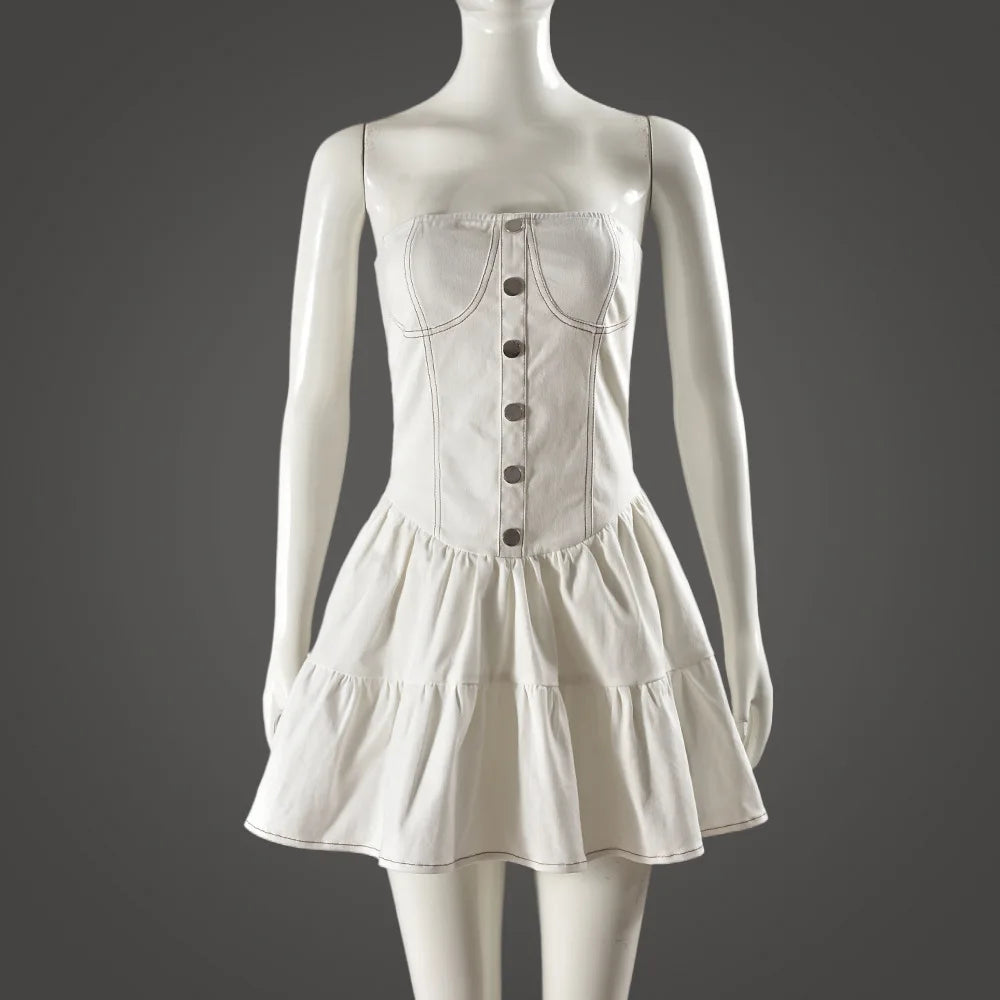 שמלת מיני סטרפלס מלמלה בד ג'ינס - שיראל