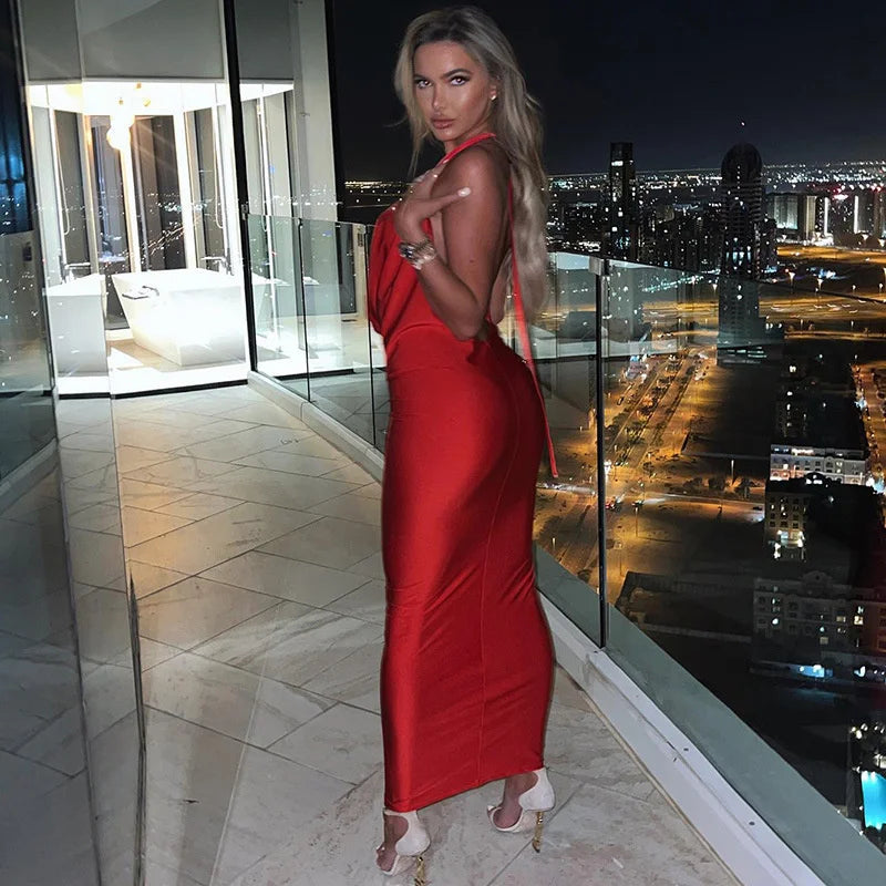 שמלת מקסי סאטן צווארון נופל גב פתוח - HOTIE