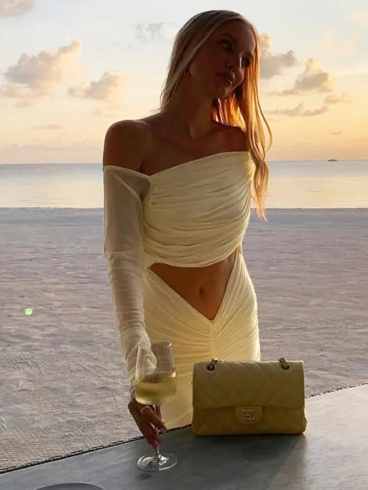 שמלת מקסי כיווצים בעיצוב פתח ושרוולי רשת כתפיים חשופות - אורה