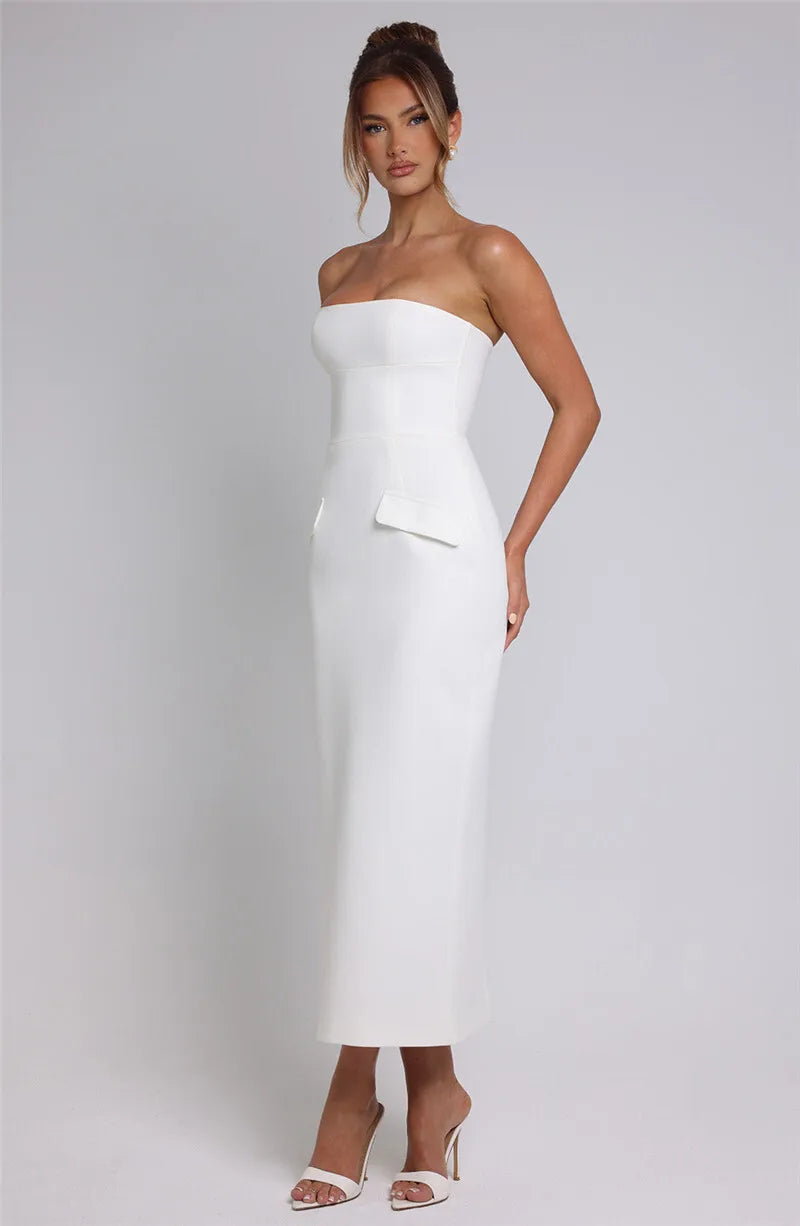 שמלת מקסי סטרפלס צמודה בעיטור דמוי כיסים - SEAN