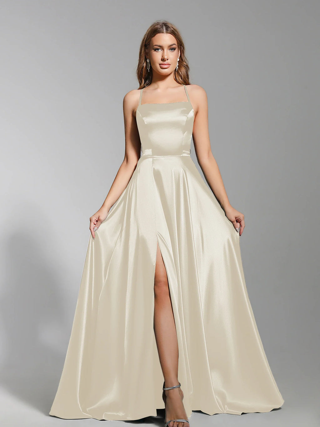 שמלת מקסי סאטן אלגנטית בעיטור שסע בגזרת A קשירה בגב - פרינס