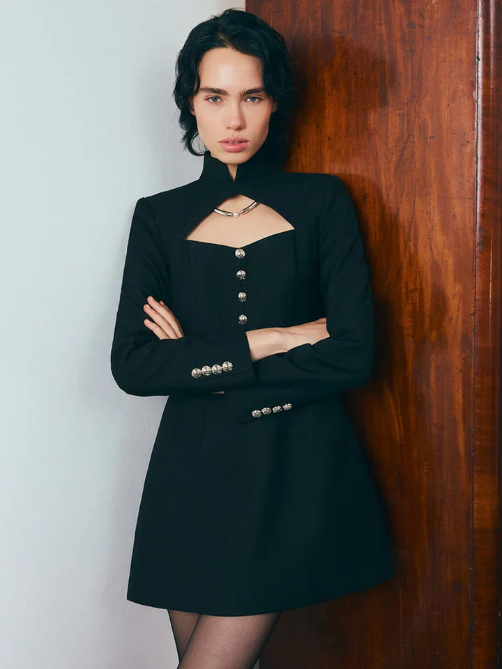 A-line tailored turtleneck mini dress with button detail - Mary Lane