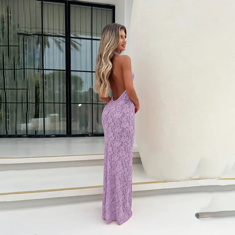 שמלת מקסי תחרה גב פתוח צווארון נופל - וניליה