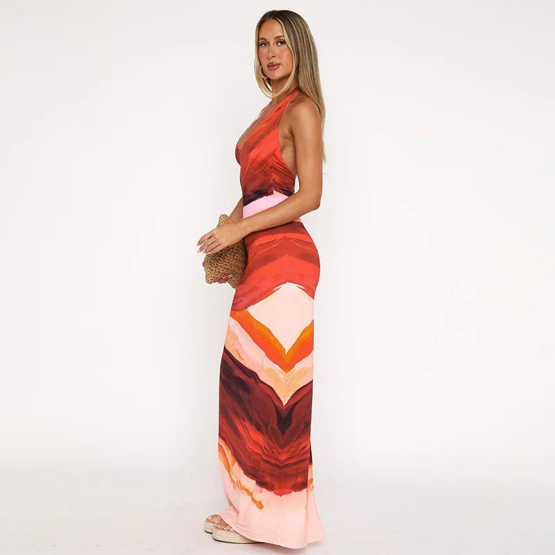 שמלת מקסי בהדפס צבעוני קשירה בצוואר גב פתוח - חוליה