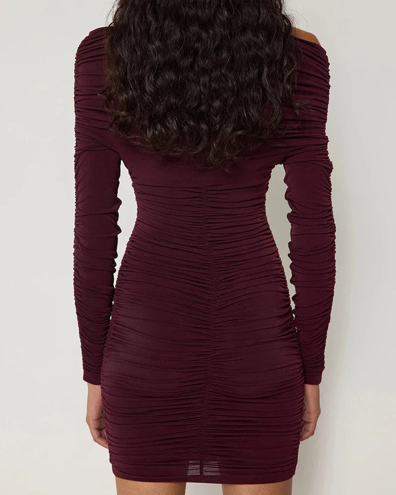 שמלת מיני כיווצים כתף חשופה - ספיר