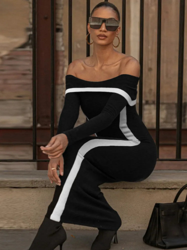 שמלת מקסי כתפיים חשופות בעיטור קווי מתאר - קייטי