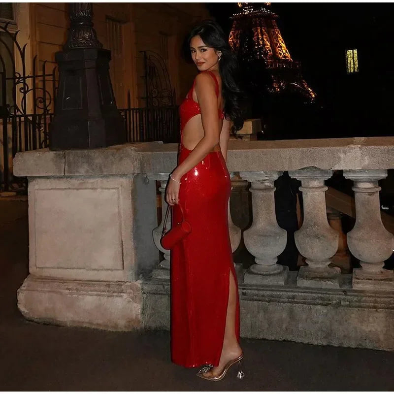 שמלת מקסי פייטים בעיצוב גב ומותן פתוח - Catalina