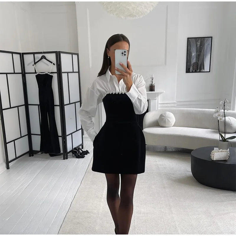 שמלת מיני קטיפה בעיטור פנינים - Vera