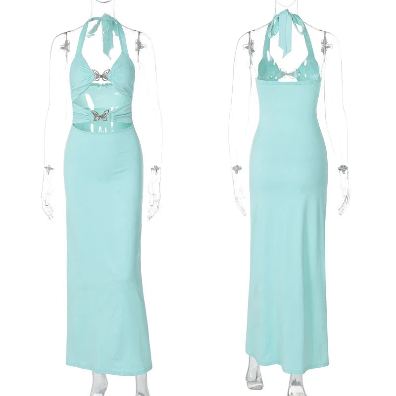 שמלת מקסי צמודה בעיצוב פתחים ופרפרים - butterfly