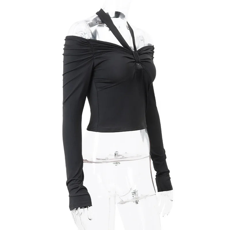 חולצה צמודה שרוול ארוך בשילוב קשירה בצוואר - פנלופי