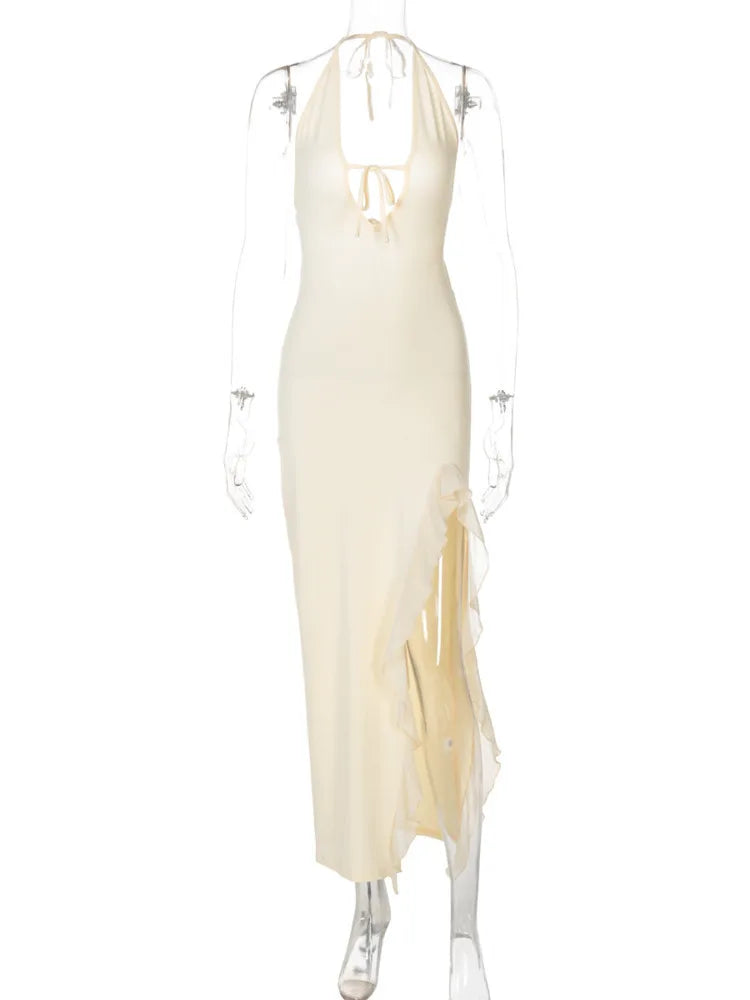 שמלת מקסי מלמלה בעיצוב שסע וקשירה בחזה - מונה