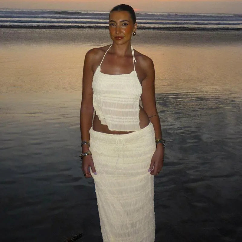 סט שני חלקים בעיצוב שיפון וכיווצים טופ קשירה וחצאית מקסי - אורורה