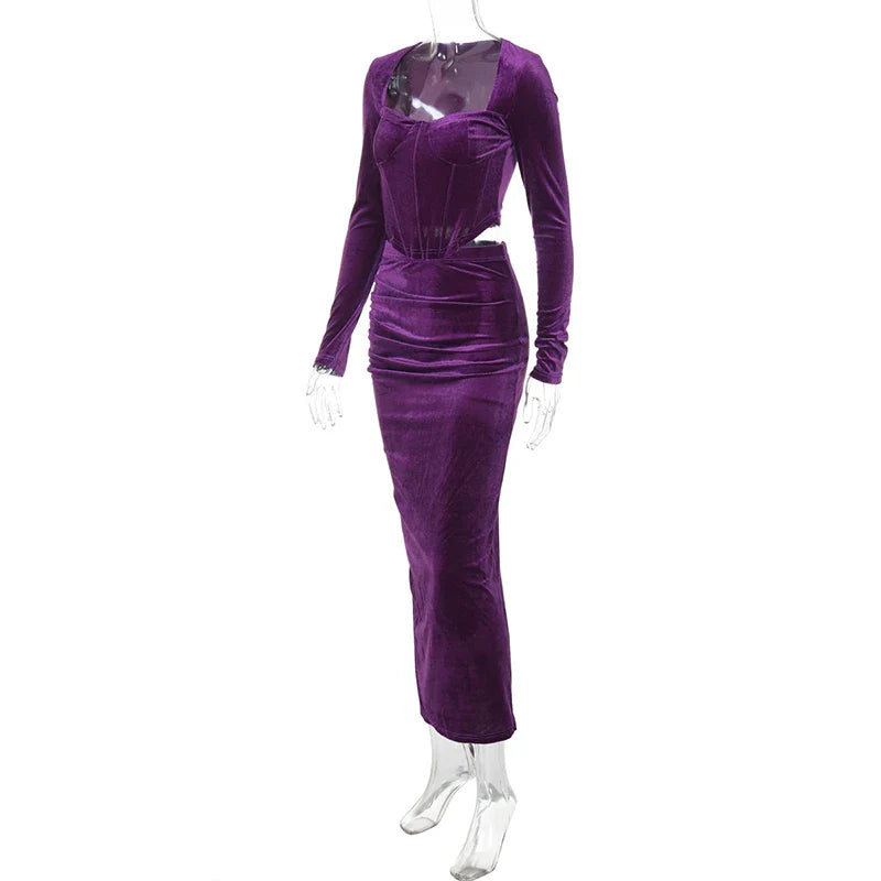 סט שני חלקים קטיפה חולצה וחצאית מקסי צמודה - מירנדה