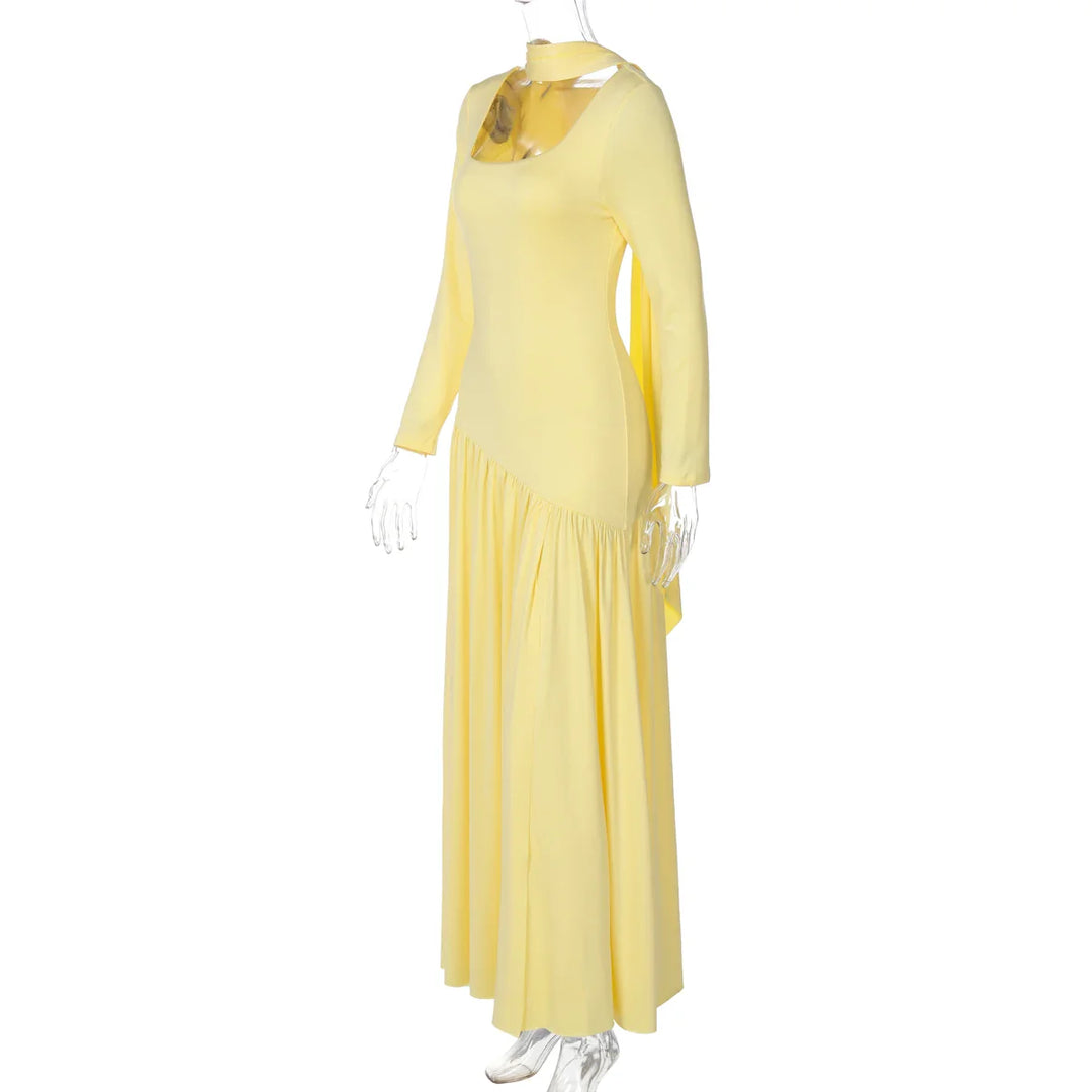 Elegant maxi dress with a slit design and a scarf decoration - RONA LI