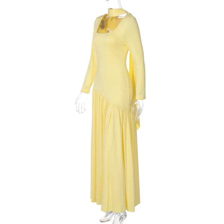 Elegant maxi dress with a slit design and a scarf decoration - RONA LI