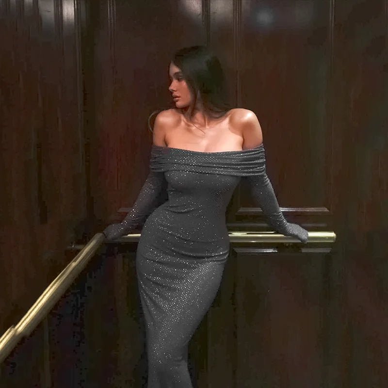 שמלת מקסי כתפיים חשופות בעיטור נקודות מנצנצות - LENA