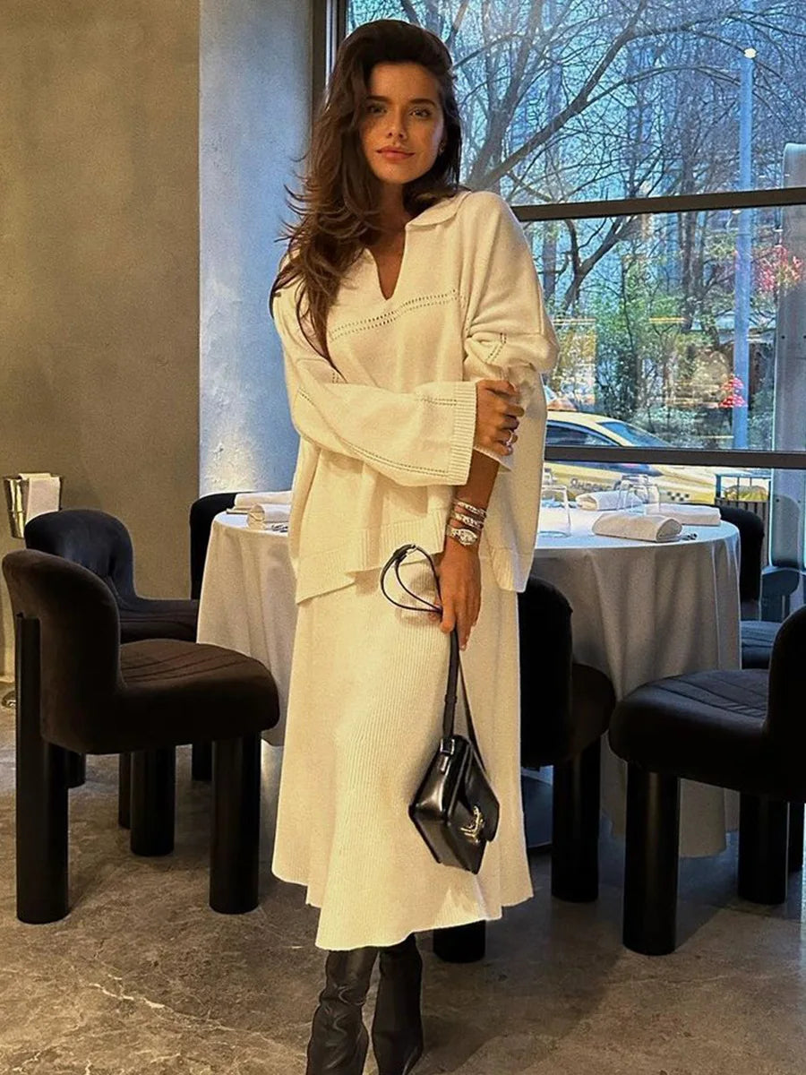 חליפת שני חלקים loose סרוגה חצאית מקסי וחולצה - שילב