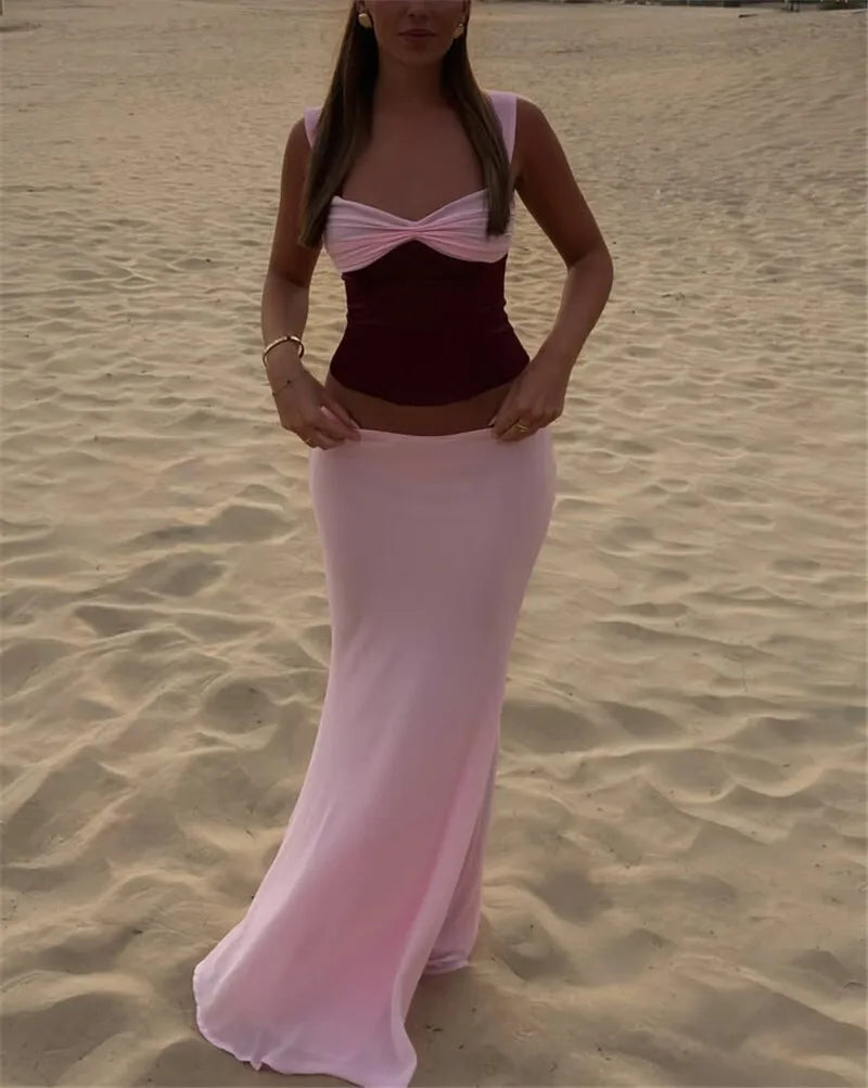 סט שני חלקים חולצה בעיצוב סאטן וחצאית מקסי בעיטור שיפון - מקסימה