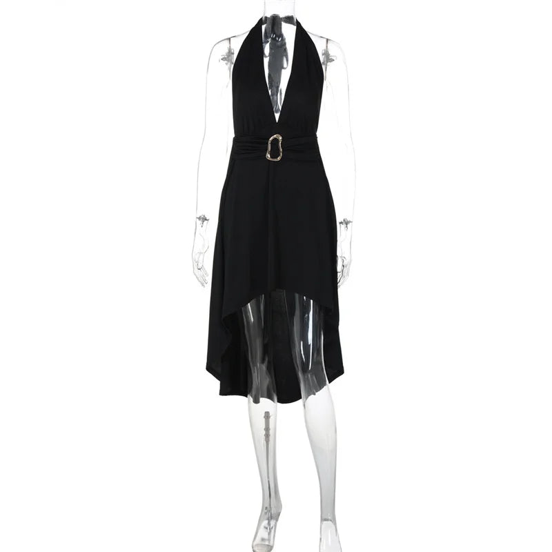 שמלת מידי אסימטרית קשירה בצוואר גב פתוח בעיטור אבזם - ליאון