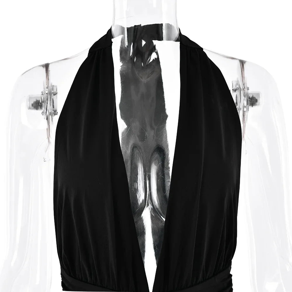 שמלת מקסי כיווצים מחשוף וי עמוק שסע עמוק קשירה בצוואר - דר