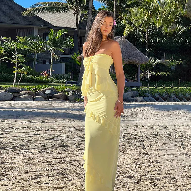 סט שני חלקים טופ סטרפלס וחצאית מקסי בעיטור מלמלה - סאני