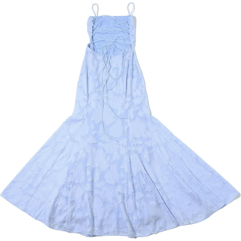 שמלת מקסי שיפון בעיטור רקמת עלים קשירה בגב להצמדה במותן - מונה ליז