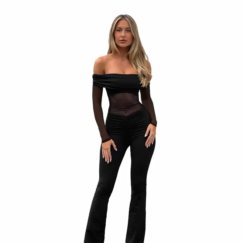 אוברול בד מחטב בעיצוב רשת וכתפיים חשופות מכנסי פדלפון - מאיה לי