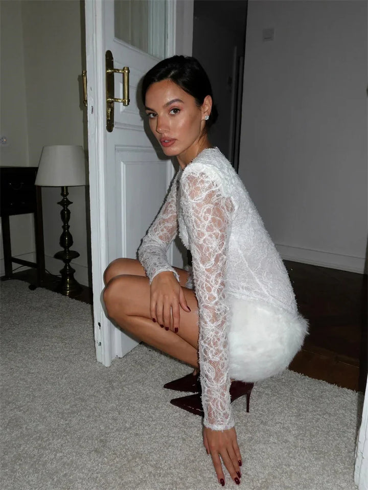 Fur-trimmed lace mini dress - FRANCIS