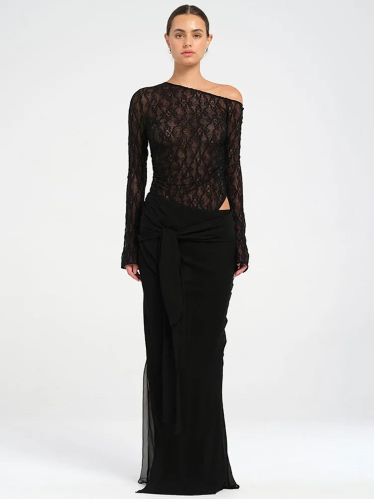 שמלת מקסי בעיצוב שסע ותחרה בעיטור קשירה - WINE