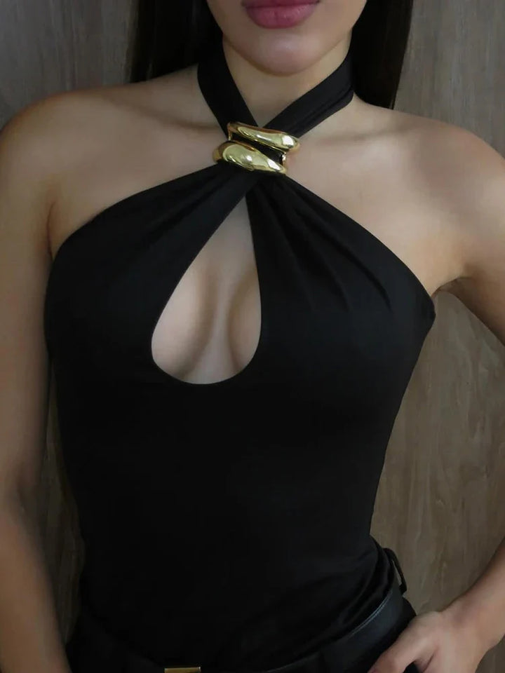 Collared top with a low neckline and open back with buckle decoration - Prince