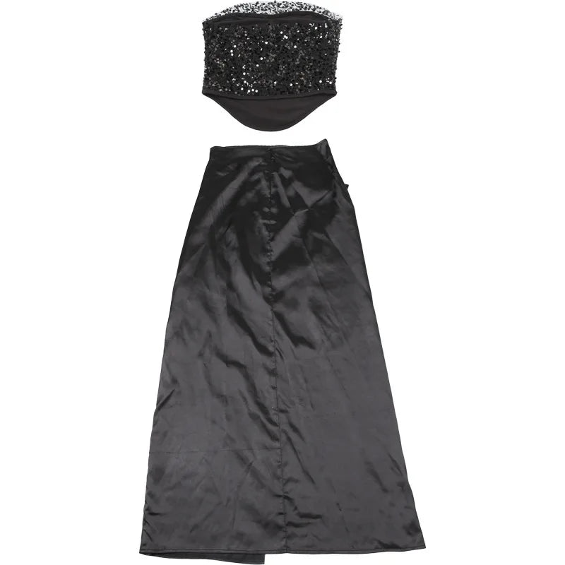 סט שני חלקים חצאית מקסי סאטן וטופ מחוך סטרפלס בעיטור פייטים - Milani