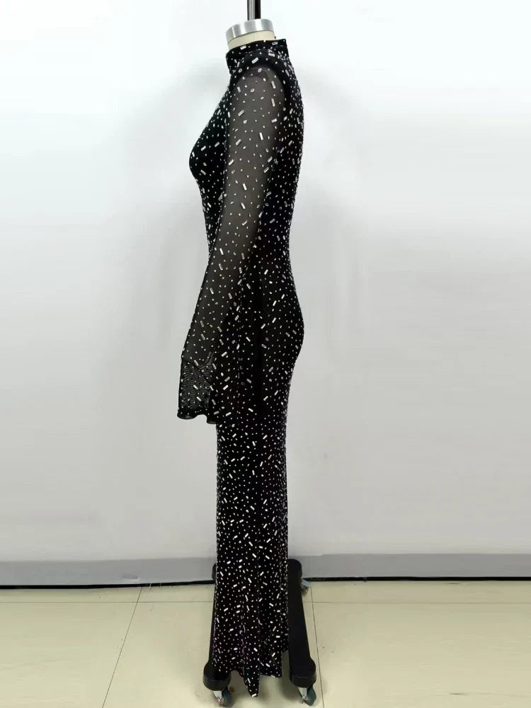 שמלת ערב מקסי יוקרתית בעיטור יהלומים מנצנצים צווארון גולף - Emerson