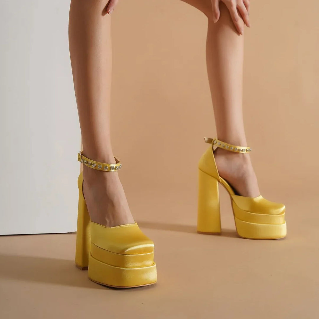Platform doll shoes in silk satin fabric decorated with diamonds - Melis
